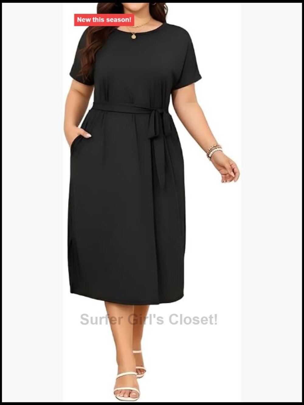 Plus Size Midi Dress with Belt and Pockets - Short Sleeve Work Church